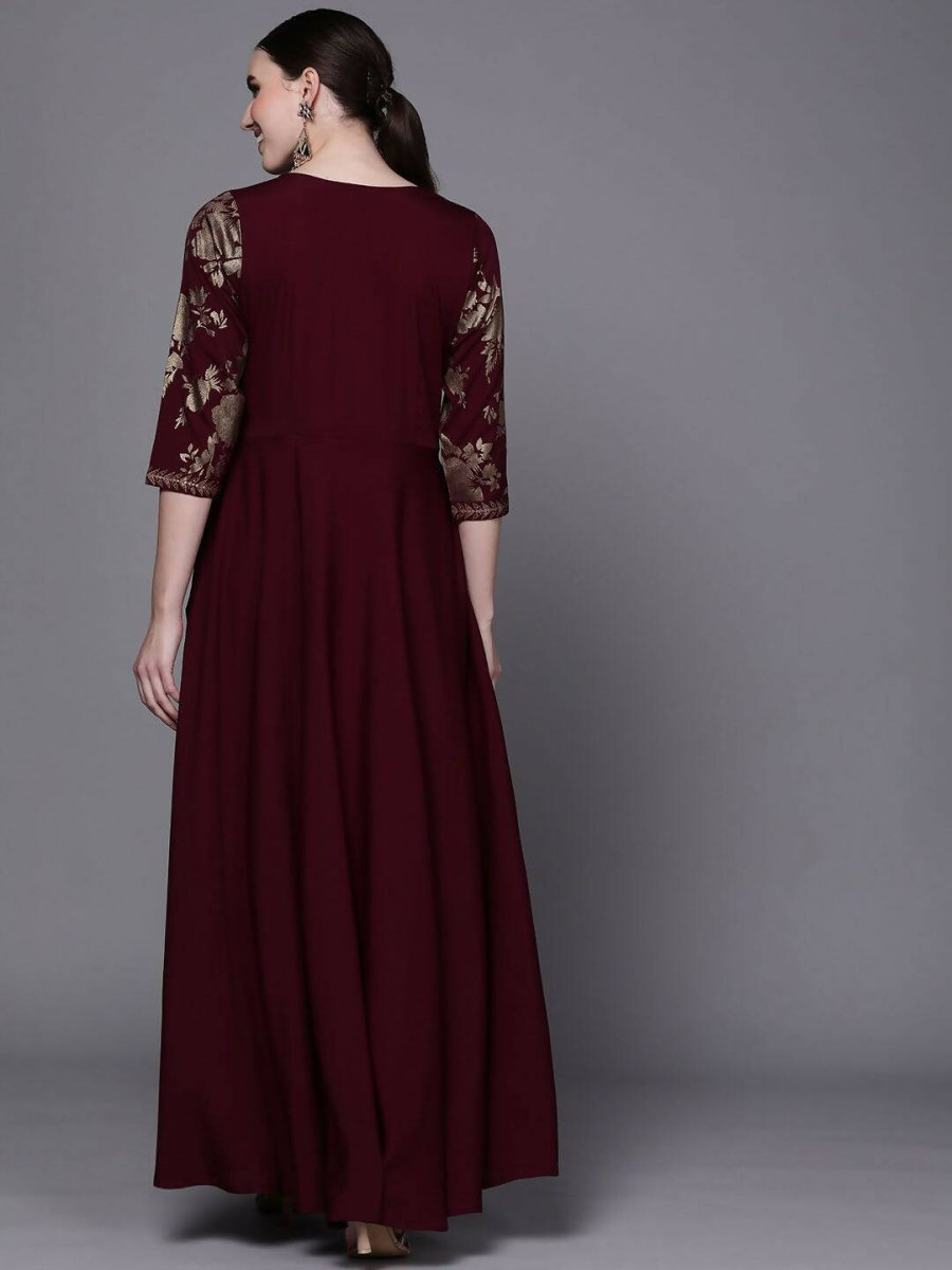 Ahalyaa Women Burgundy Floral Fit & Flare Maxi Ethnic Dress - Distacart