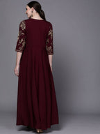 Ahalyaa Women Burgundy Floral Fit & Flare Maxi Ethnic Dress - Distacart