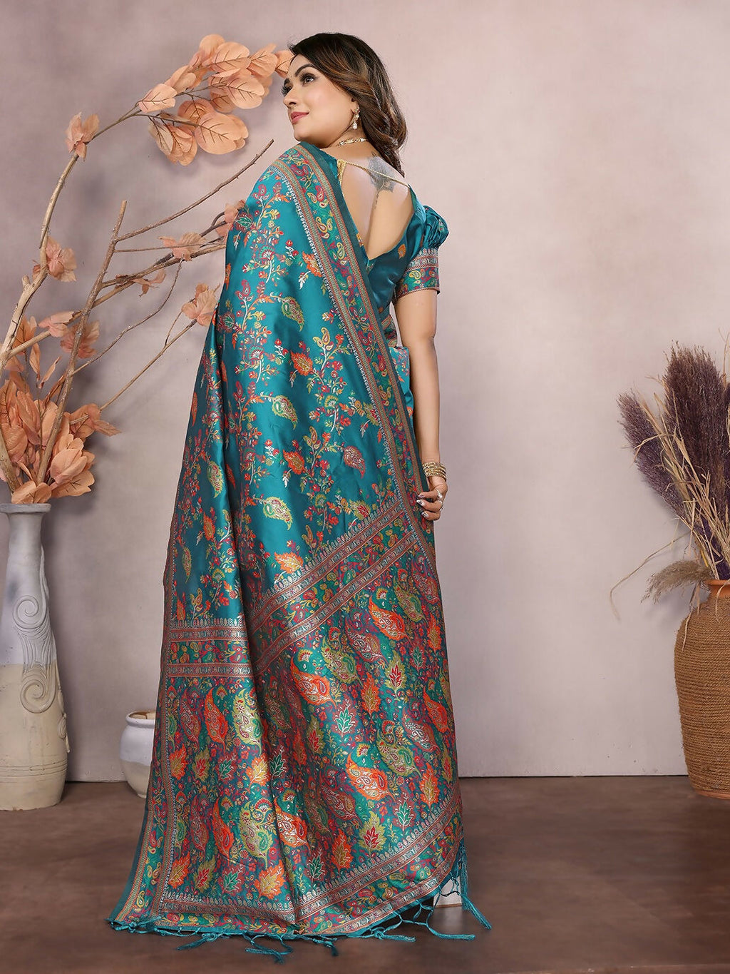 Joban Fashion Teal Meena Weaves Pashmina Sarees