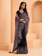 Black Satin Crepe Silk Sequence Embroidered Saree With Unstitched Blouse - Mohmanthan Yavanika