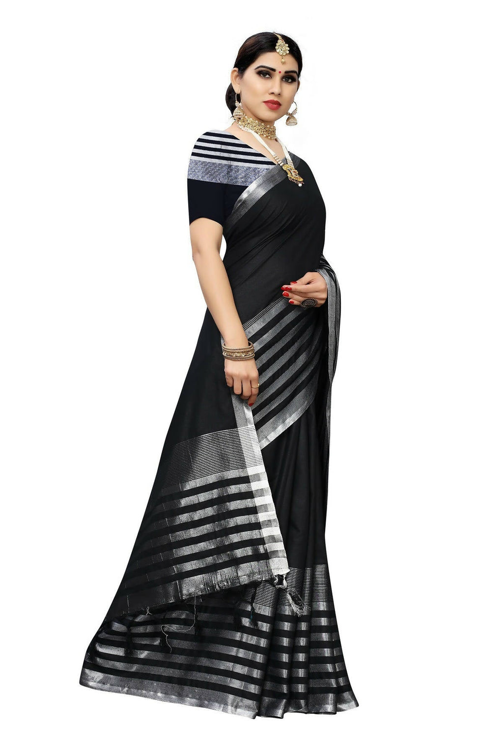 Vamika Black Cotton Silk Weaving Saree (Twitter Black) - Distacart