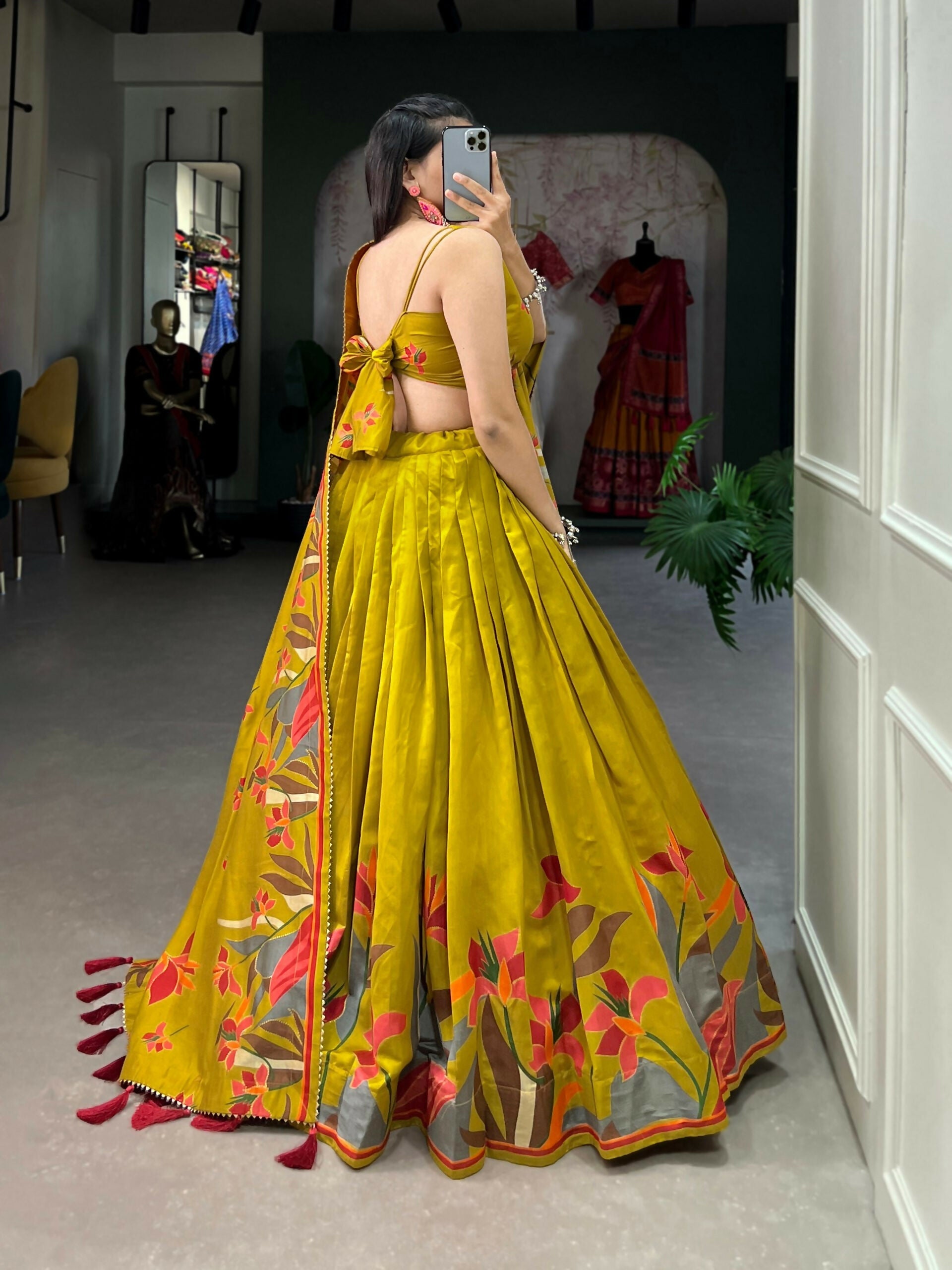 Vastranavya Polyester Viscose Chanderi Lehenga Choli With Intricate Print And Dupatta - Mustard