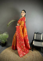 Joban Fashion Yellow And Red Geometric Pattern Soft Silk Patola Saree - Distacart