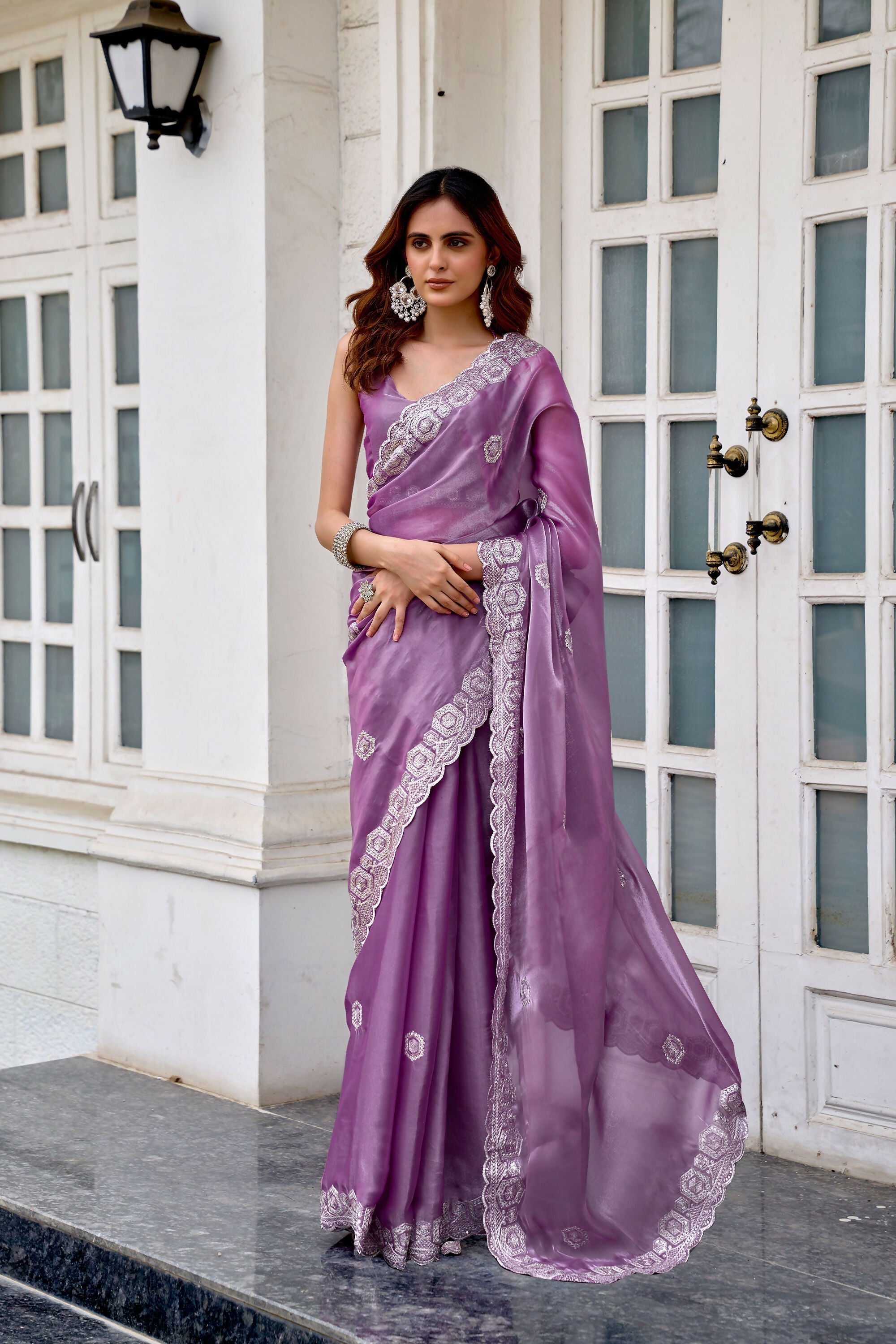 Vastranavya Lavender Embroidery Work Shimmer Chiffon Saree with Unstitched Blouse - Distacart