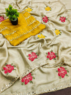 Teeya Creation Cream Rangoli Silk Embroidery Work Party Wear Designer Saree - Distacart