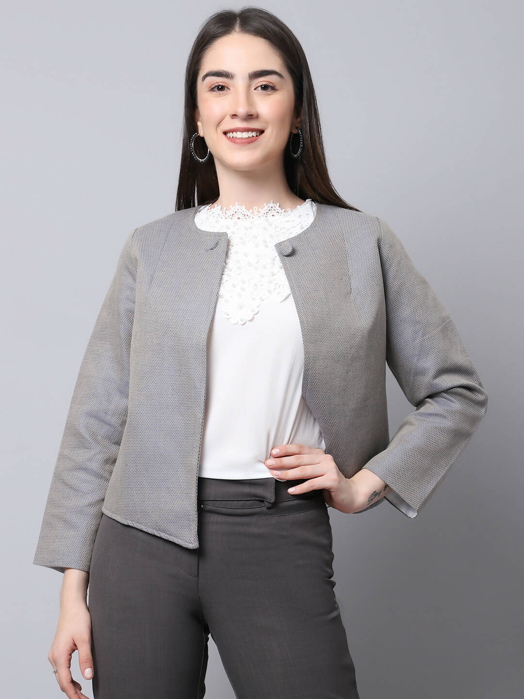 Even Apparels Grey Polywool Open Front Statement Women's Jacket (BF006)