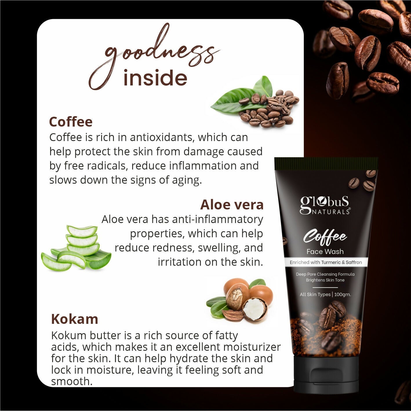 Globus Naturals Coffee Face Scrub Enriched with Aloe Vera and kokum For All Skin Types