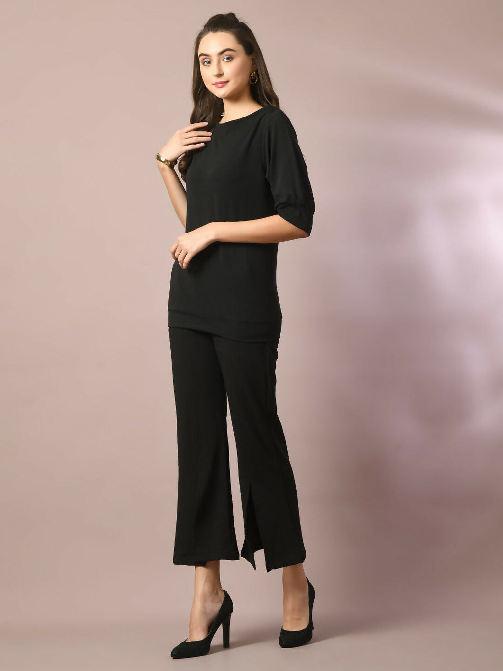 Myshka Women's Black Solid Boat Neck Party Top