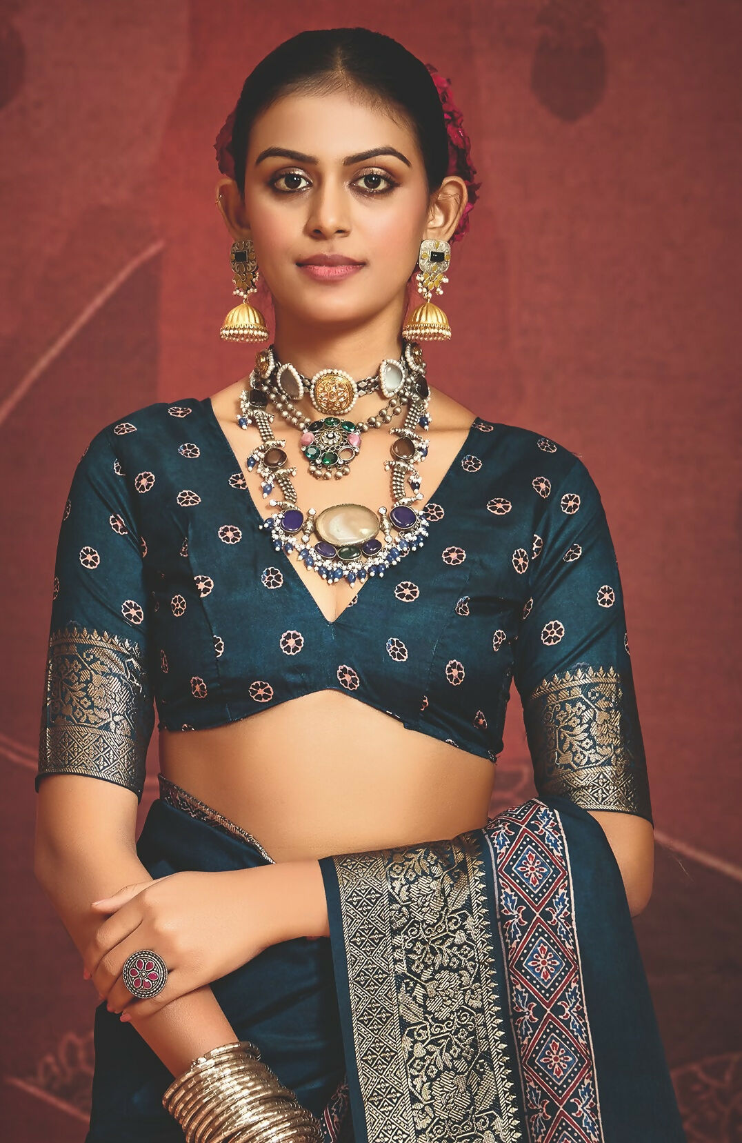 Joban Fashion Teal Blue Art Silk With Fine Viscose Border Ajrak Full Body Print With Soft Finish Saree - Distacart