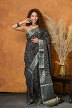 Very Much Indian Modal Silk Ajrakh Handblock Printed Natural Dyes With Designer Border Saree - Blue