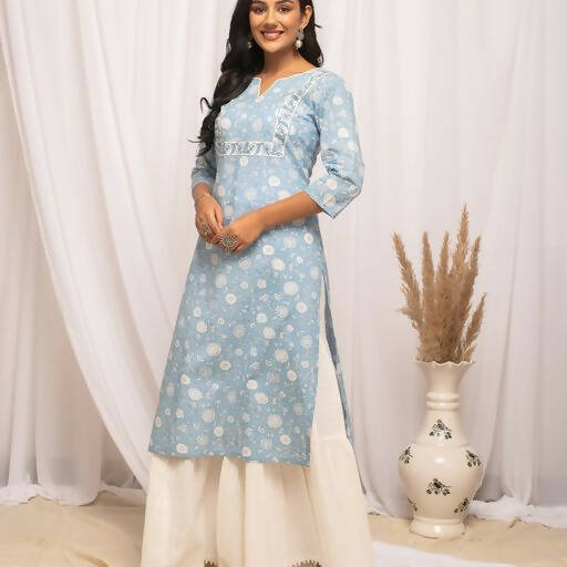 FIORRA Women's Floral Printed Sky Blue Cotton Straight Kurta