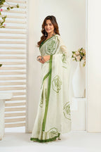 Vastranavya Green Digital Printed Linen Ready To Wear Designer Saree with Unstitched Blouse - Distacart