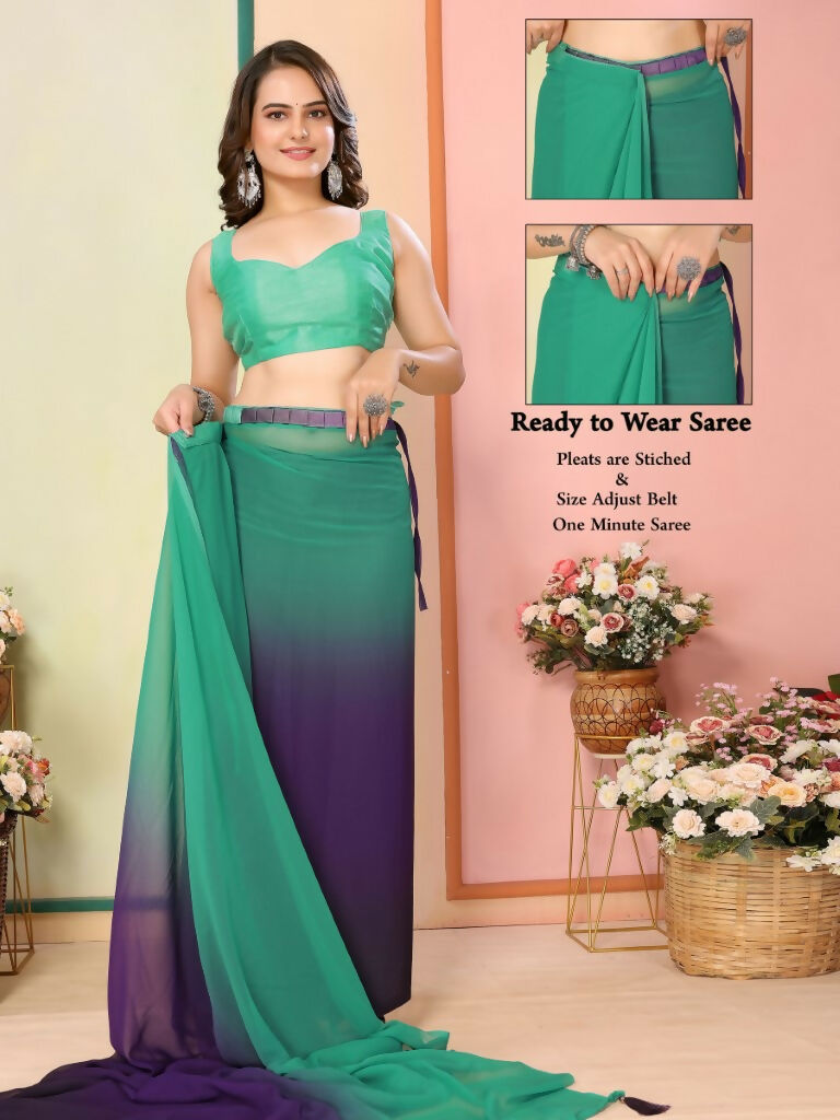 Sea Green Georgette Pedding Color Printed Ready To Wear Saree - Aalaya