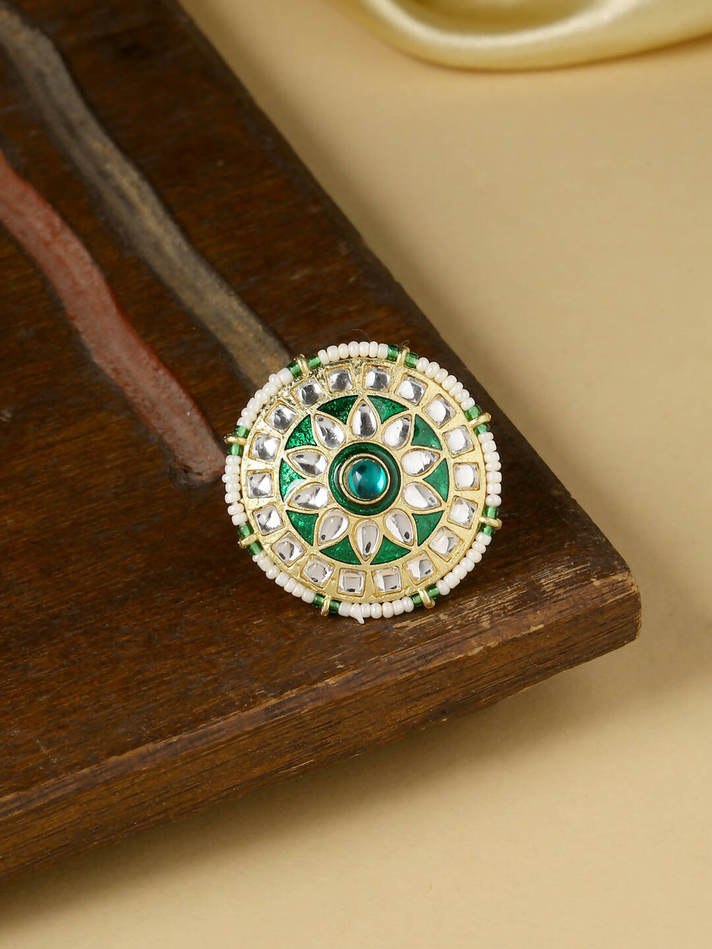 NVR Women's Traditional Kundan Meenakari Gold-Polished Ajustable Finger Ring