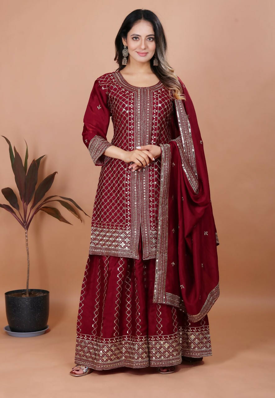 Teeya Creation Maroon Color Chinon Silk Embroidery Work Palazzo Set - Distacart