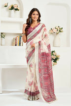 Vastranavya White Maroon Digital Printed Linen Ready To Wear Designer Saree with Unstitched Blouse - Distacart