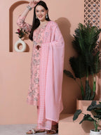Jyoti Fashion Women's Pink Cotton Floral Digital Printed Kurta with Trouser & Dupatta