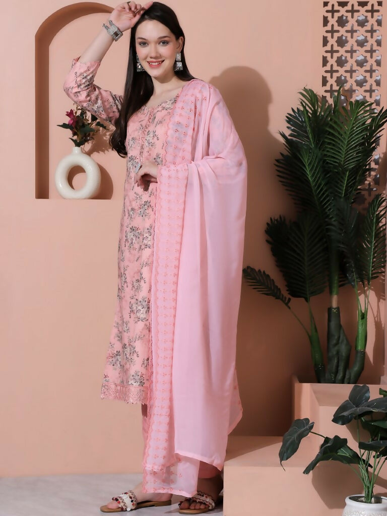 Jyoti Fashion Women's Pink Cotton Floral Digital Printed Kurta with Trouser & Dupatta