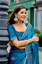 Vastranavya Sea Blue Embroidery Work Shimmer Chiffon Saree with Unstitched Blouse - Distacart