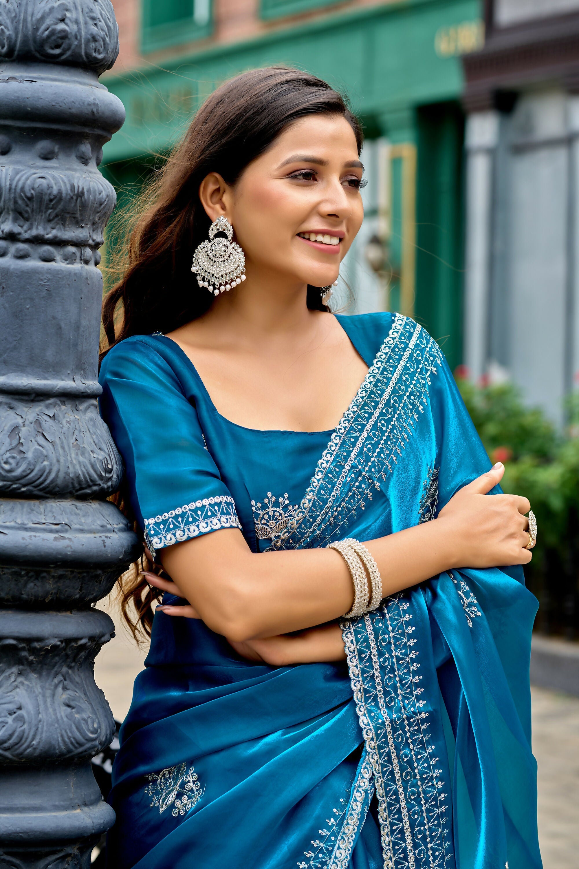 Vastranavya Sea Blue Embroidery Work Shimmer Chiffon Saree with Unstitched Blouse - Distacart