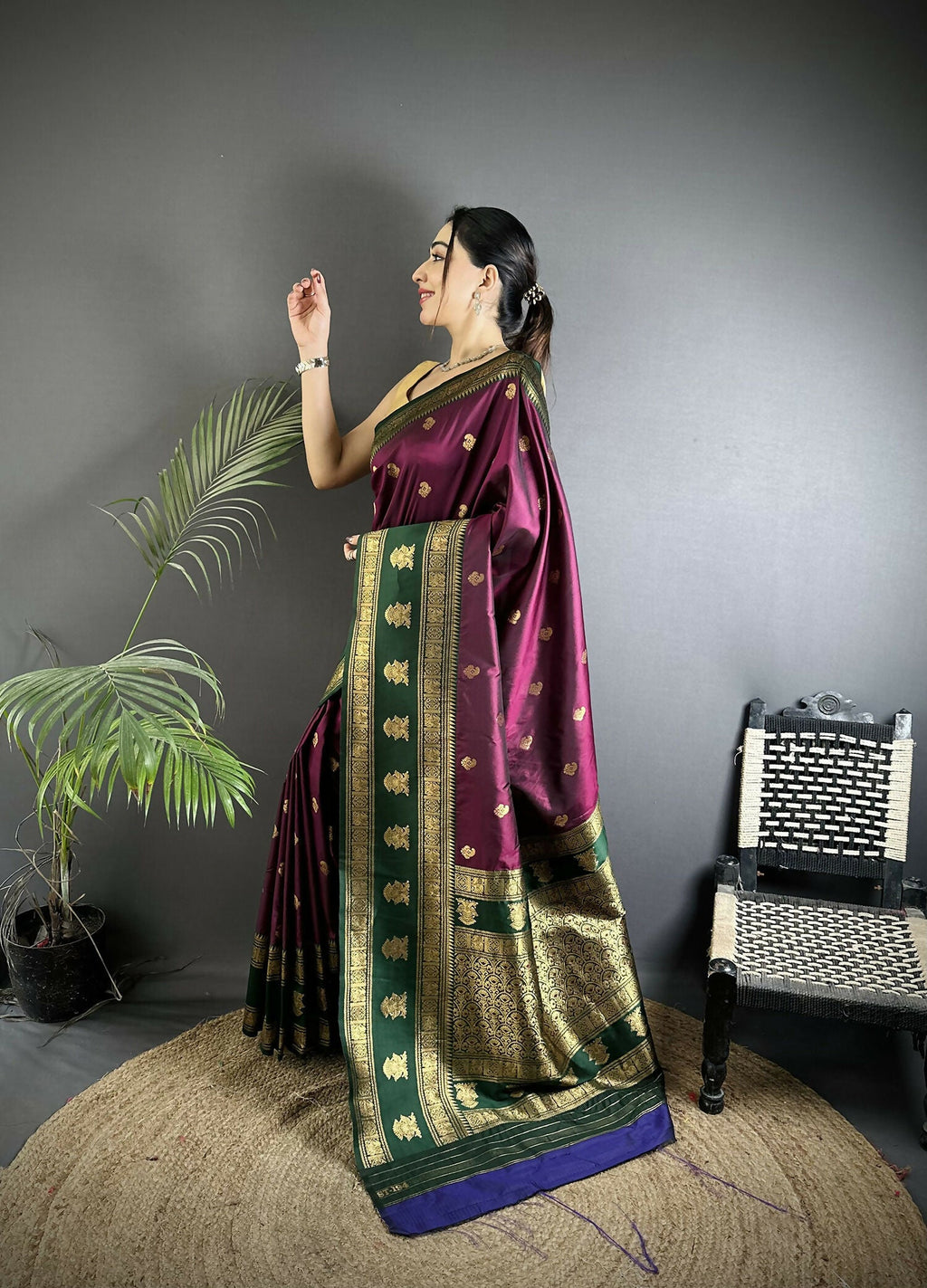 Joban Fashion Wine Banarasi Soft Silk Woven Butti Saree - Distacart
