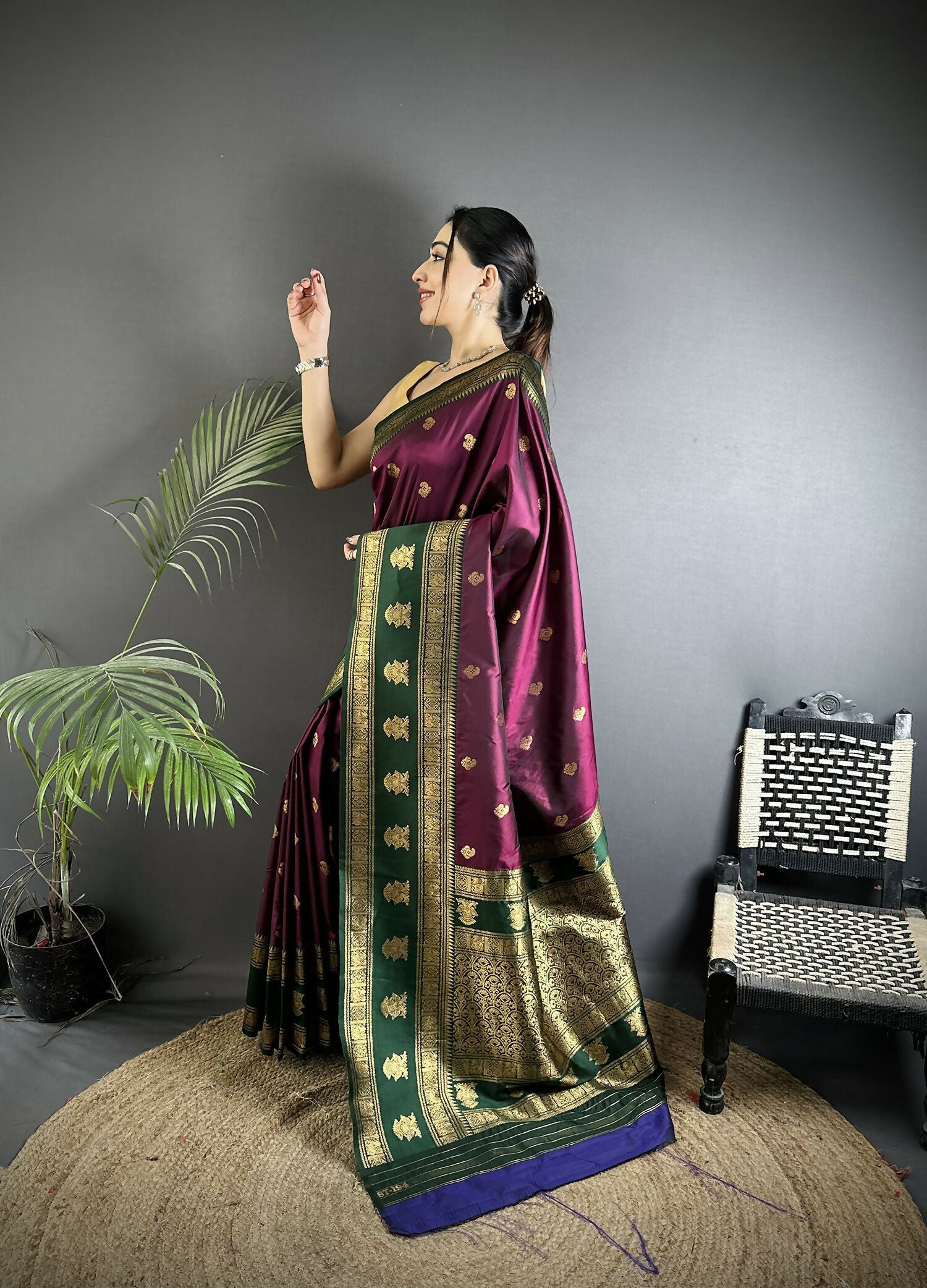 Joban Fashion Wine Banarasi Soft Silk Woven Butti Saree - Distacart