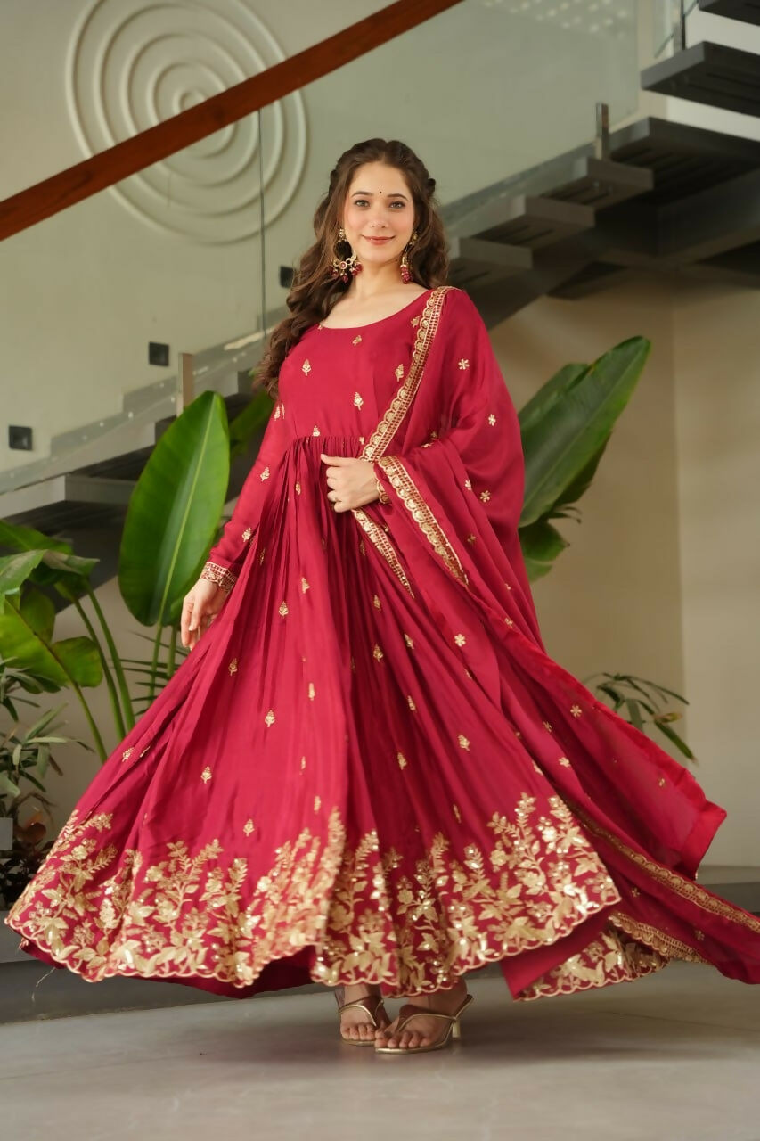 Teeya Creation Maroon Color Chinon Silk Party Wear Long Gown - Distacart