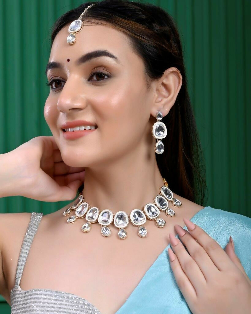 VOJ Kundan Studded Silver Plated White Color Jewellery Set with MaangTikka