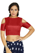 Aastha Fashion Women's Red Art Silk Cold Shoulder Sleeve Readymade Blouse
