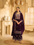 Anaita Wine Embroidered Velvet Stitched Plazo Suit - Distacart