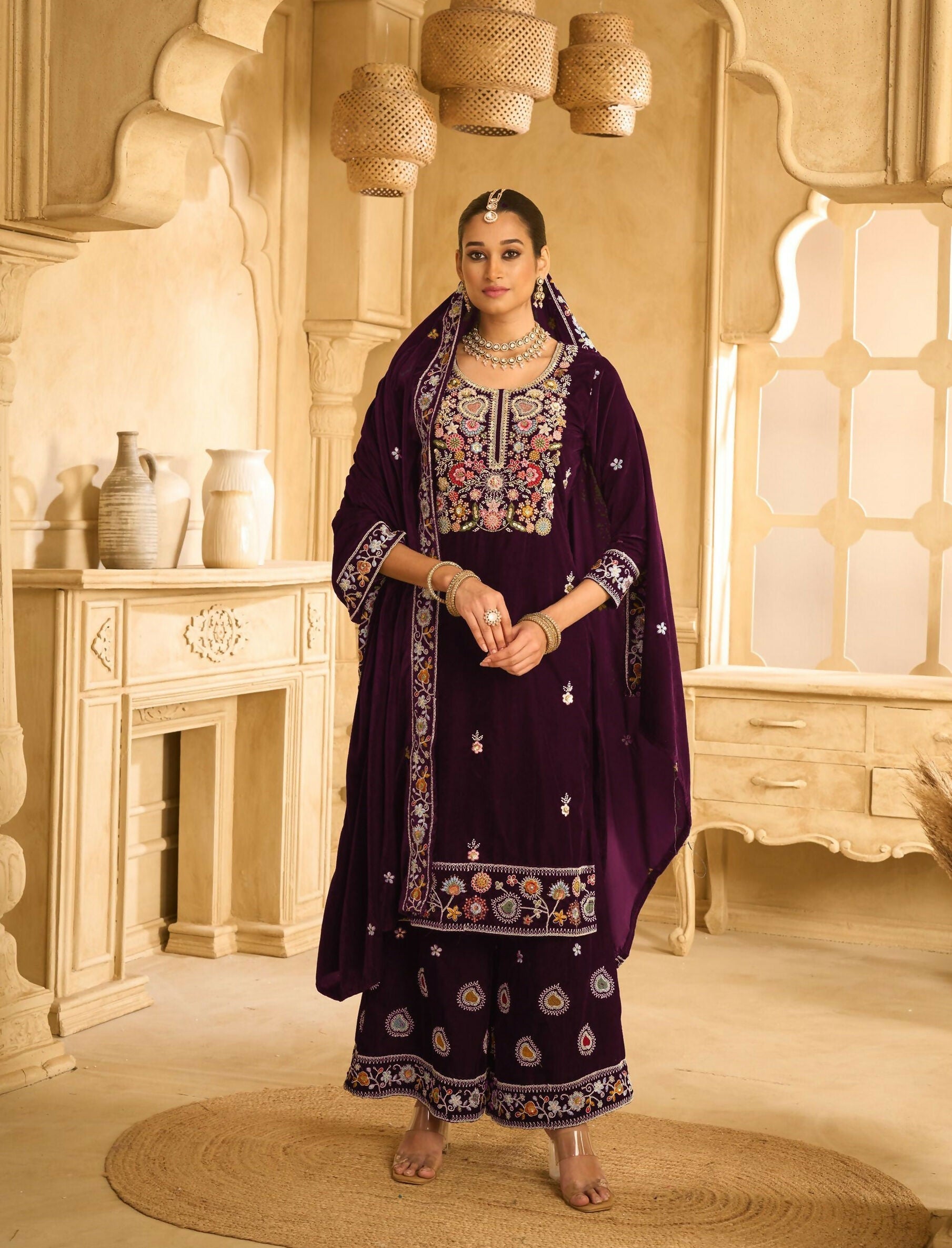 Anaita Wine Embroidered Velvet Stitched Plazo Suit - Distacart