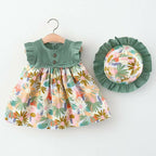 Bold N Elegant Cotton Floral Printed Ruffle Sleeve Princess Dress Frock With Fabric Hat Cap - Green