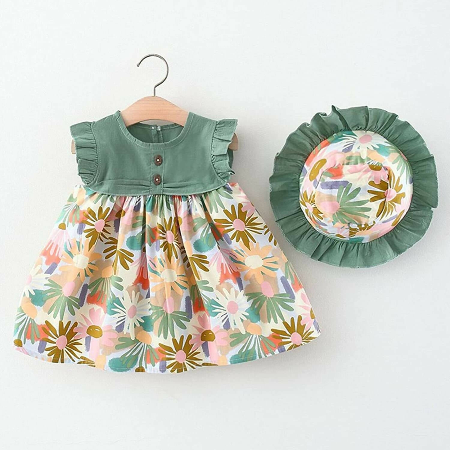 Bold N Elegant Cotton Floral Printed Ruffle Sleeve Princess Dress Frock With Fabric Hat Cap - Green