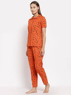 Myshka Women's Brown Cotton Printed Half Sleeve Collar Neck Casual Night suit