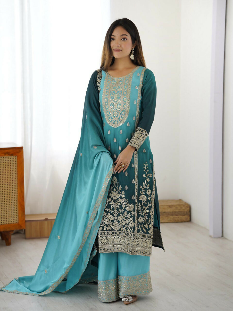The52 Women's Gorgeous Chinon silk Fabric Embroidery Work Straight Kurta Palazzo and Dupatta Set - Distacart