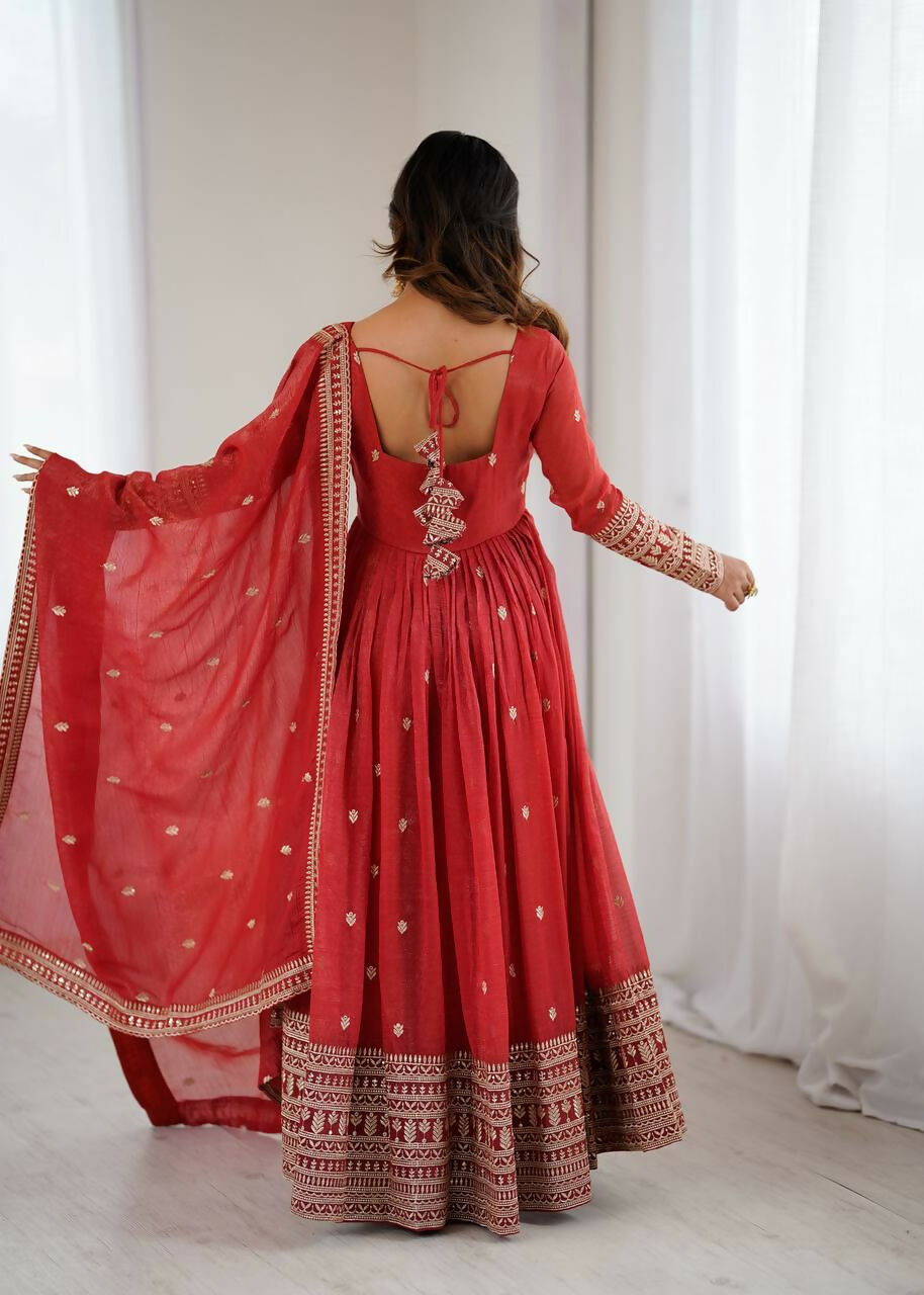 The52 Women's Beautiful Embroidery Work Crunchy Silk Fabric Flared Anarkali and Dupatta Set - Distacart