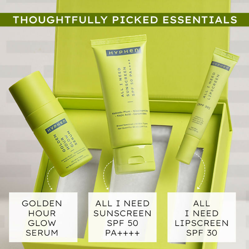 Hyphen By Kriti Sanon Daily Glow Essentials Gift Kit with Complete Skin Care Routine, with Face Serum, Moisturizing Sunscreen SPF & Lip Balm
