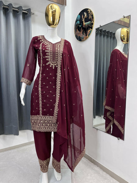 Teeya Creation Maroon Color Faux Georgette Embroidery Work Party Wear Salwar Suit