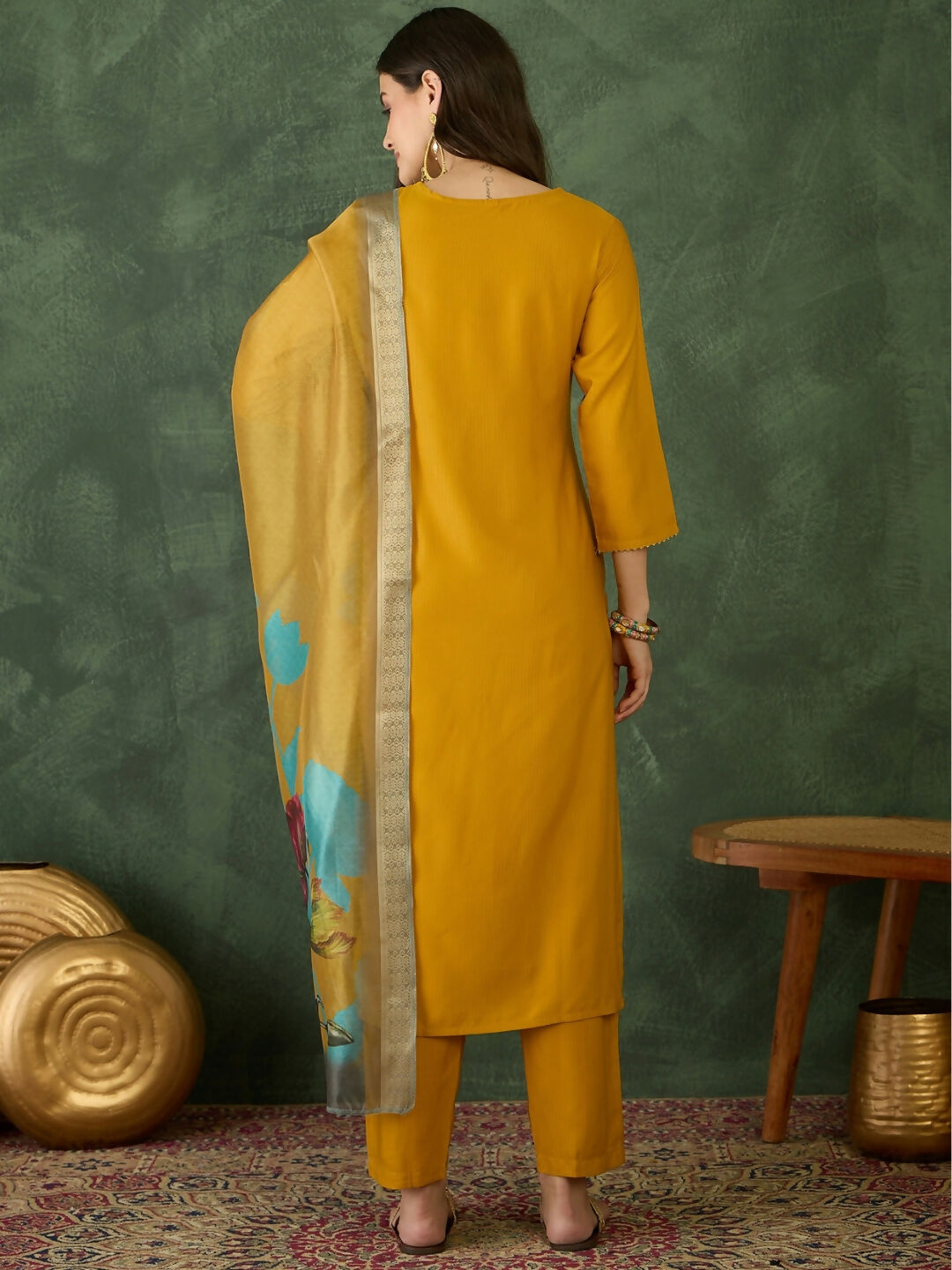 The52 Mustard Women's Beautiful Rayon Fabric Embroidered Work Straight Kurta, Pant and Dupatta Set - Distacart
