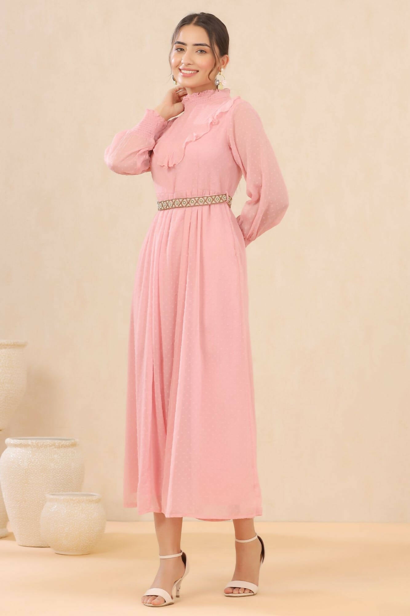 Juniper Women Pink Chiffon Woven Design Flared Dress - Distacart