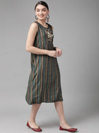 Yufta Teal Green & Coffee Brown Striped Yoke Embroidered Midi A-Line Dress & Ethnic Jacket