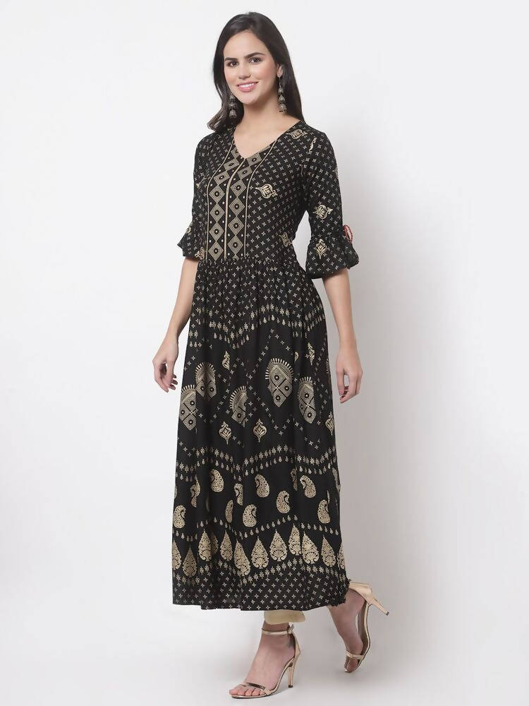 Myshka Women's Black Rayon Printed 3/4 Sleeve V Neck Casual Dress