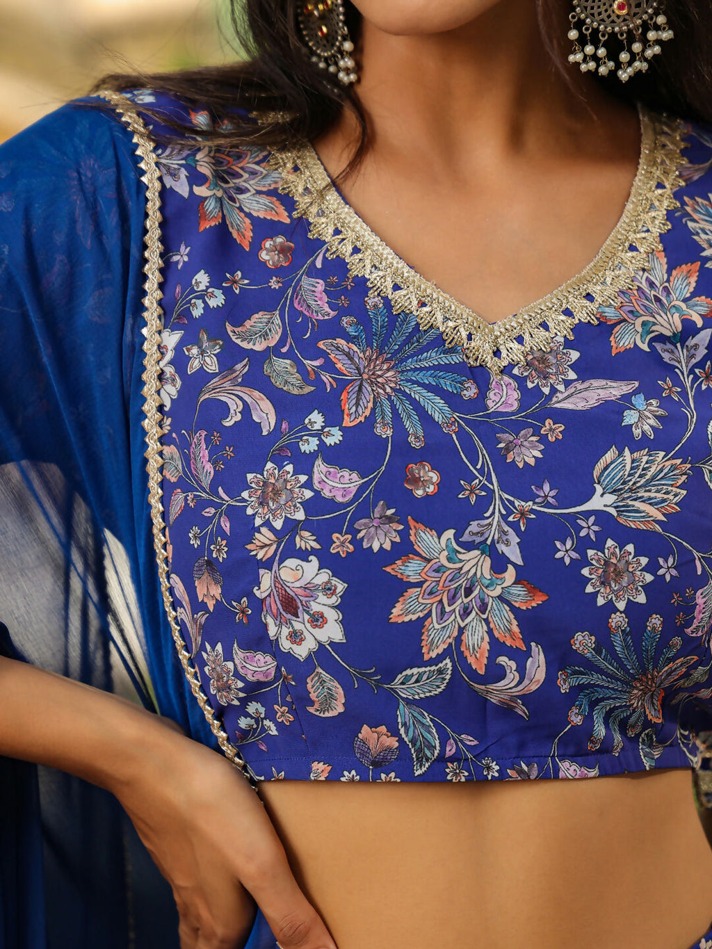 Janasya Blue Georgette Floral Lehenga Choli Dupatta