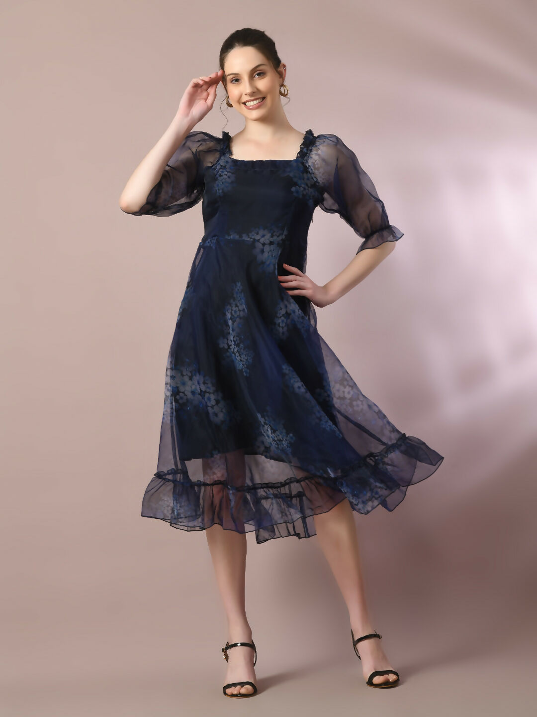 Myshka Women's Navy Blue Printed Square Neck Fit and Flare Party Dress - Distacart