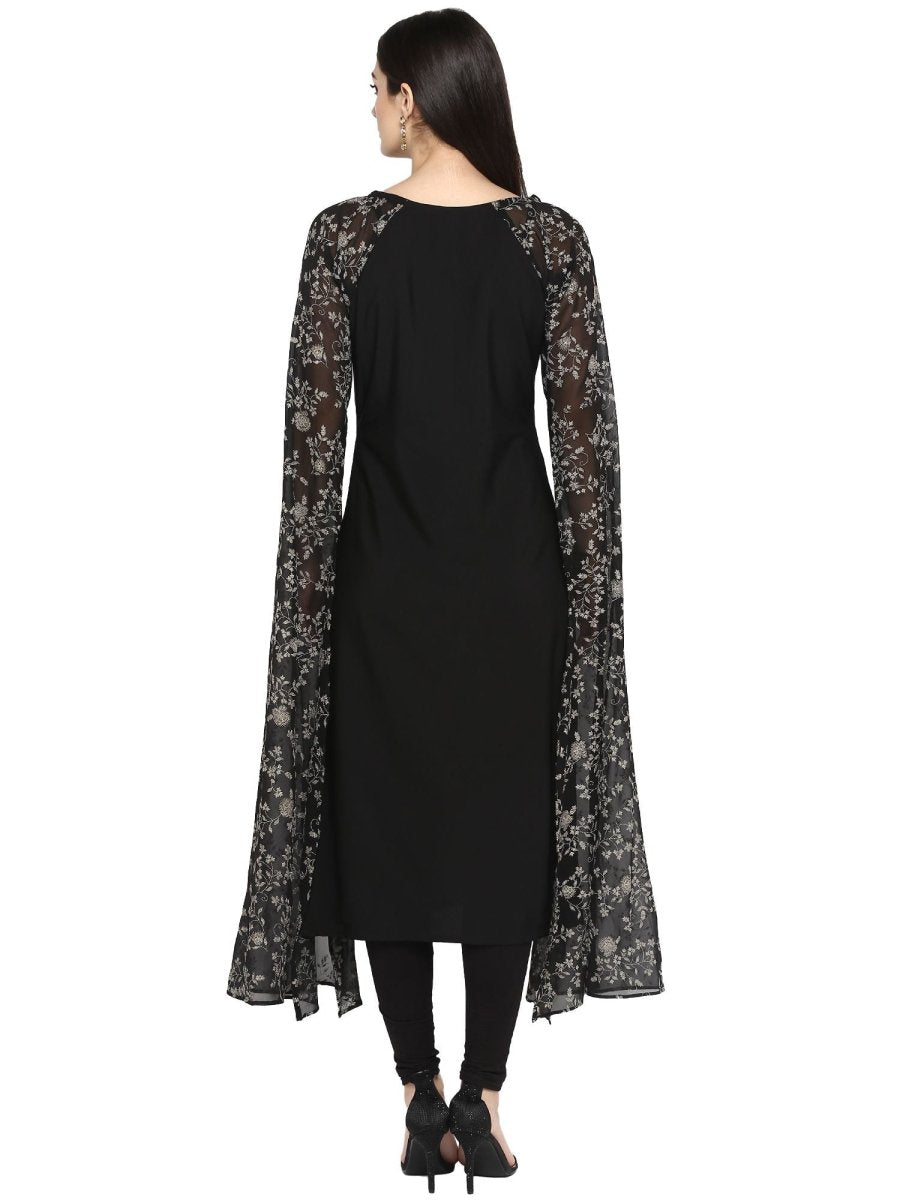 Ahalyaa Women's Black Georgette Rubber Glitter Print Kurta