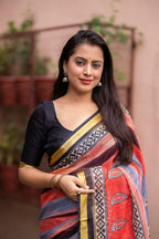Red Silk Blend Geometric Saree with Unstitched Blouse - Hiral Fashion