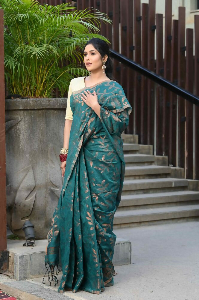 Beatitude Green Cotton Floral Jamdani Saree