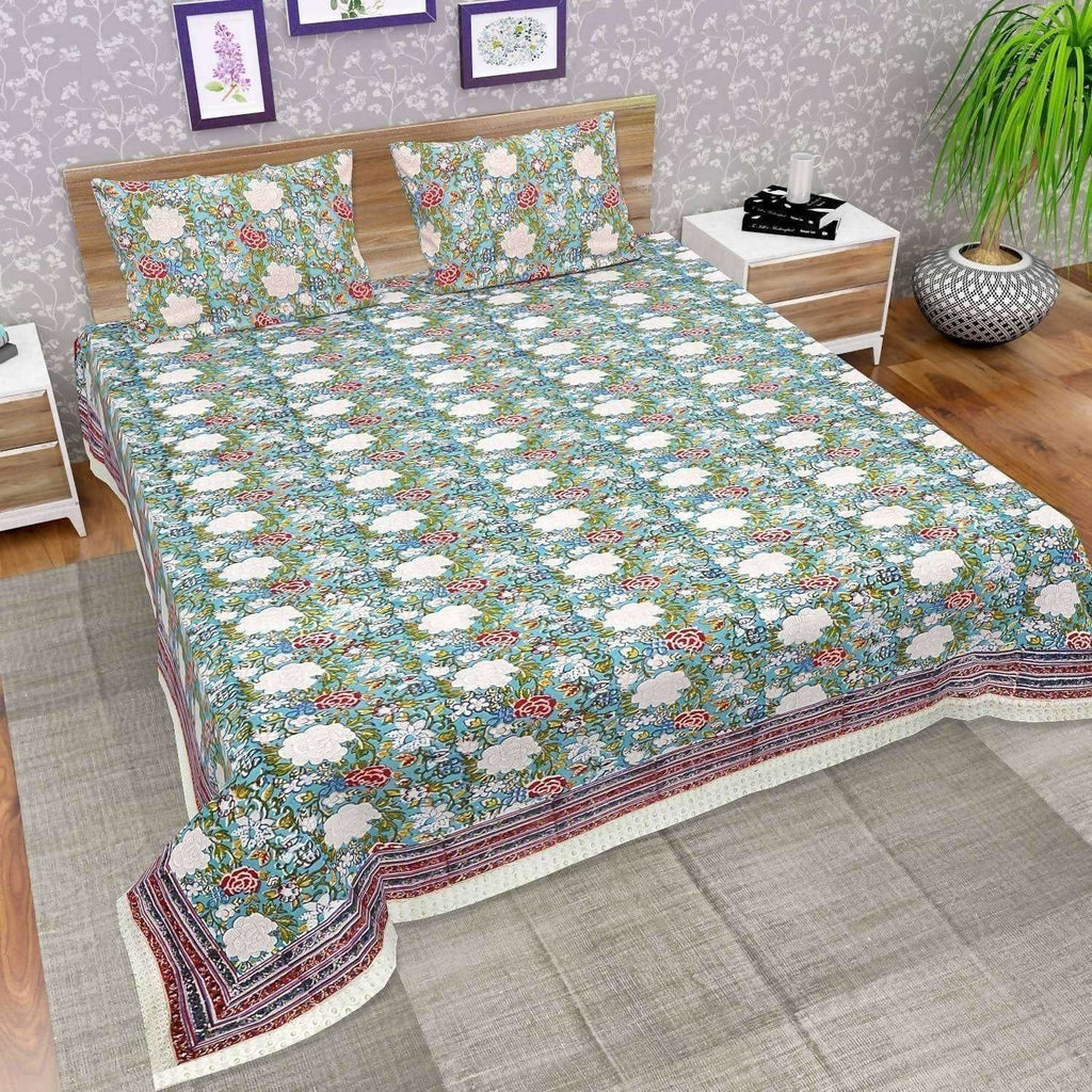 Premium Jaipuri Hand Block Printed Traditional Cotton Queen Bedsheet with 2 Pillow Covers