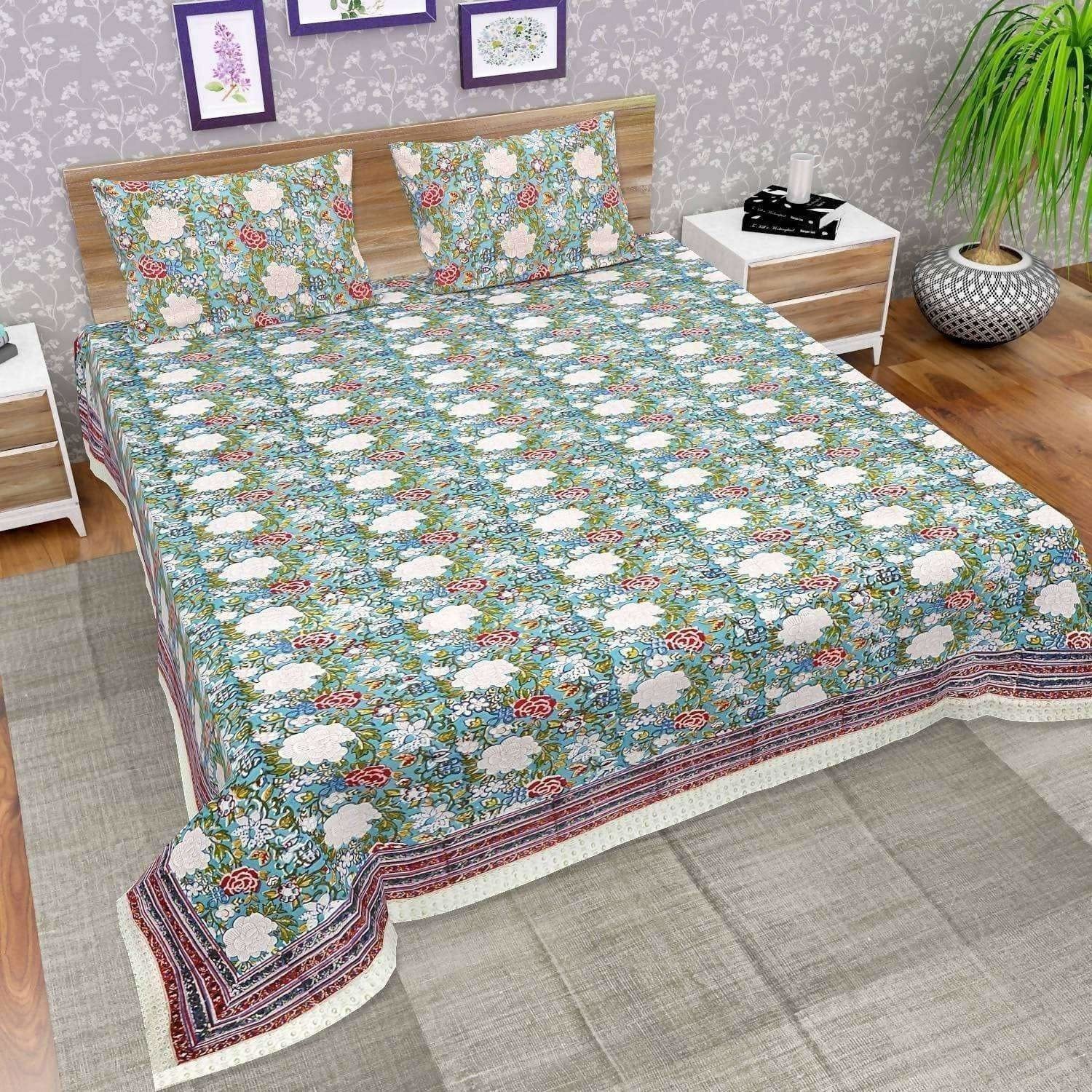 Premium Jaipuri Hand Block Printed Traditional Cotton Queen Bedsheet with 2 Pillow Covers