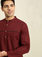 House of Pataudi Men Maroon Solid Straight Kurta